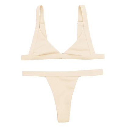 Deep-V Bikini Swimsuit - Beige -