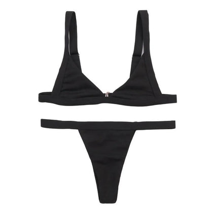 Deep-V Bikini Swimsuit - Black -