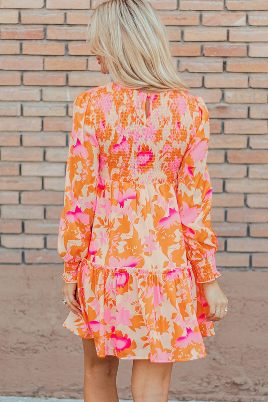 Orange Abstract Print Smocked Lantern Sleeve Ruffle Mini Dress - - Dresses/Mini Dresses