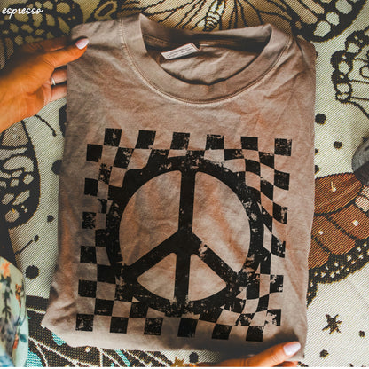 Checkered Peace Sign Tee - Espresso - shirt