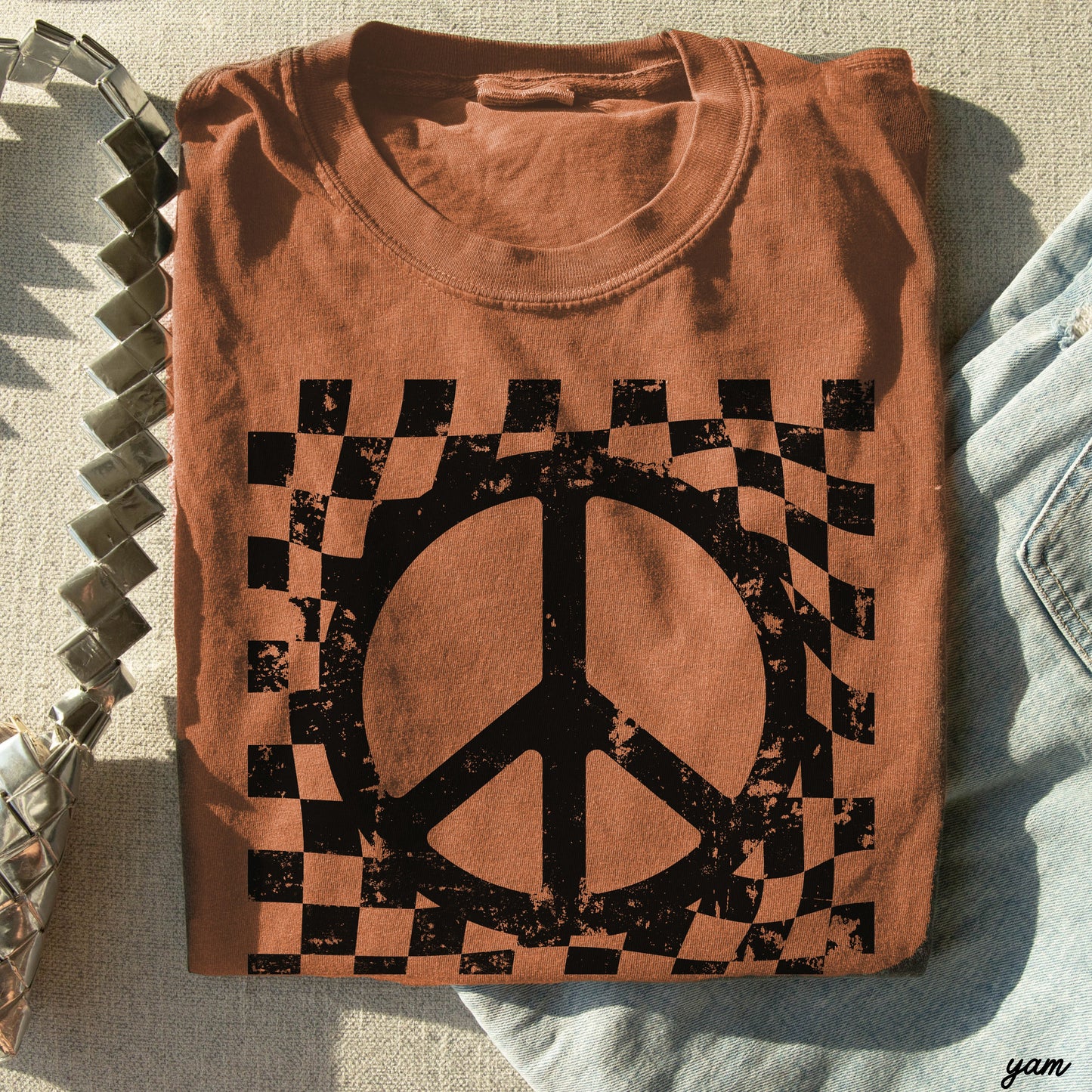 Checkered Peace Sign Tee - Yam - shirt