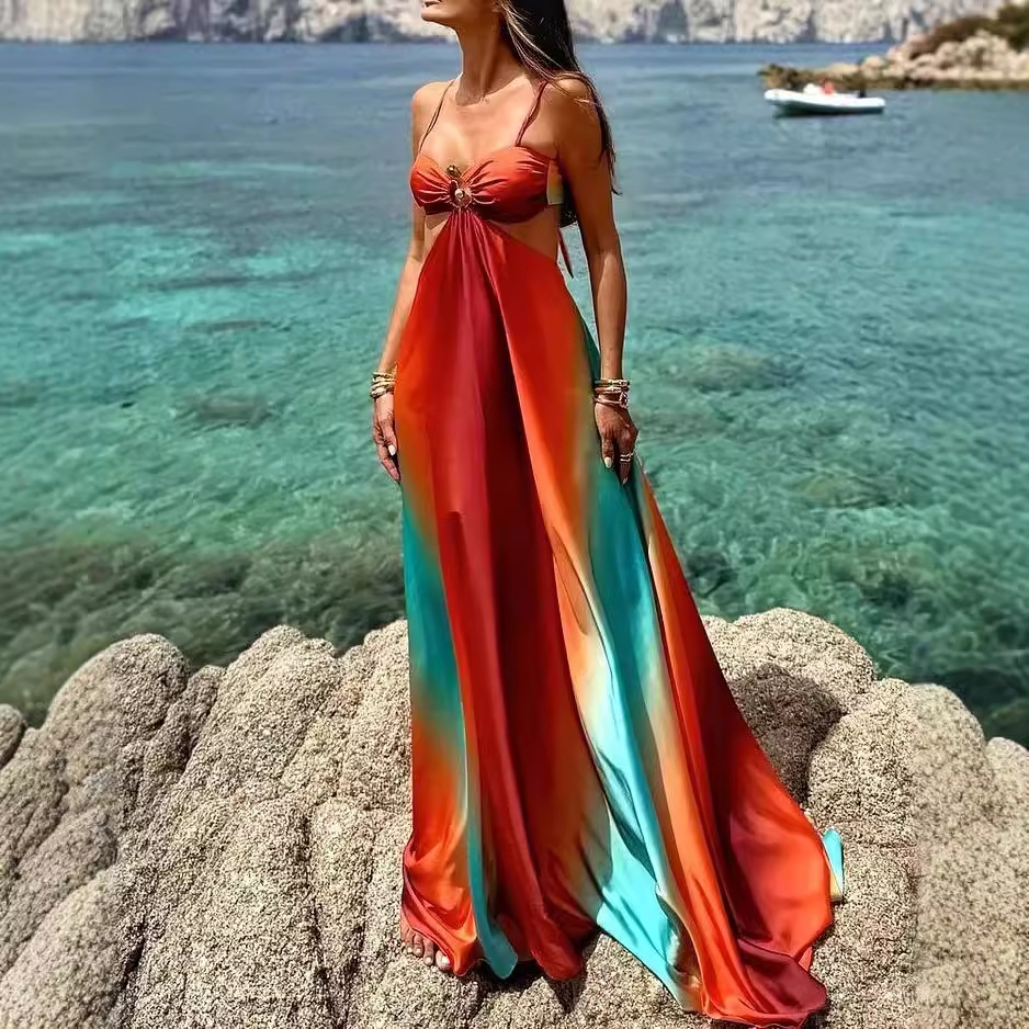 Vibrant Mosaic Halter Dress - Orange M - dress