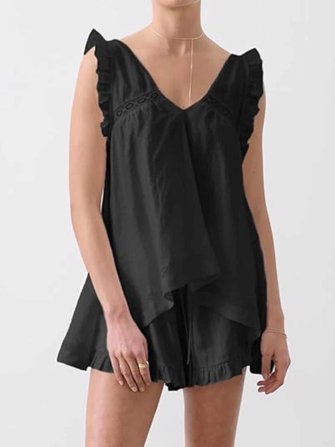 Ruffle Trim V-Neck Top and Shorts Set- Shopimist- {{Product type}}