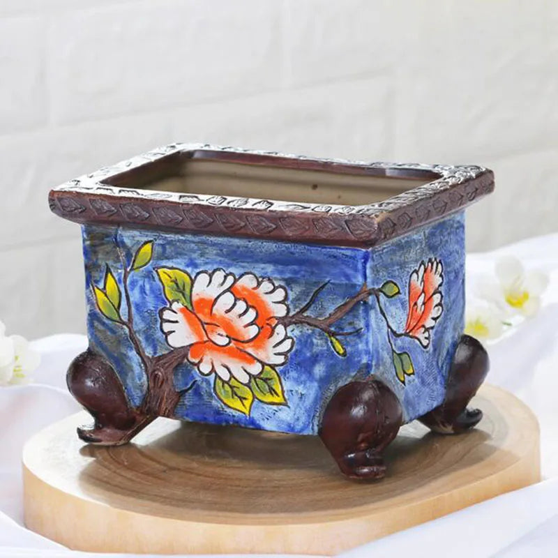 Korean-Style Hand-Painted Floral Ceramic Pot – Succulent & Bonsai Planter - 15x10.8x11cm - Planter