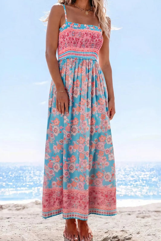 Bohemian Ethnic Print Spaghetti Straps Vacation Maxi Dress - Floral - dresses
