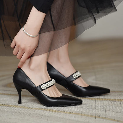 Chic Pearl Leather Stilettos - Black 34 -