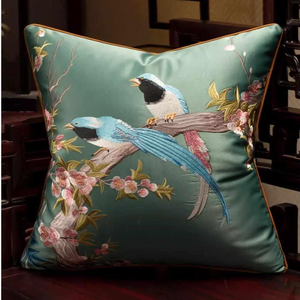 Embroidered Magpies Silk‑Like Pillowcase – Asian Home Decor 18" × 18" - Green 450mm*450mm - Pillowcases