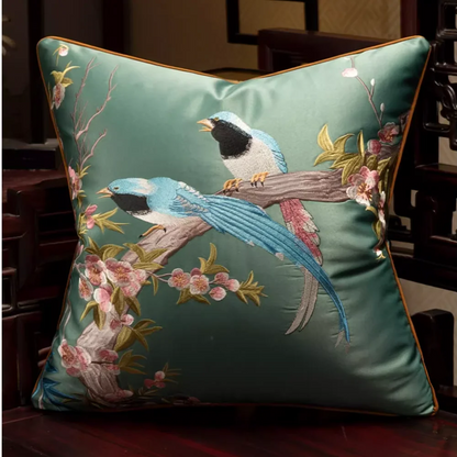 Embroidered Magpies Silk‑Like Pillowcase – Asian Home Decor 18" × 18" - Green 450mm*450mm - Pillowcases
