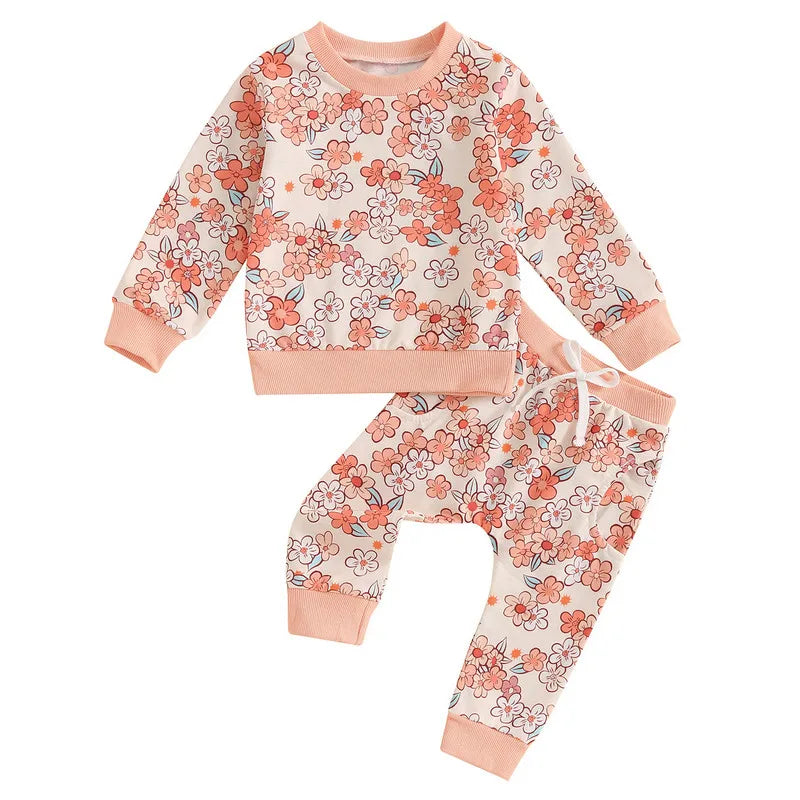 Floral Print Long Sleeve Sweatshirt and Long Pants Set peach