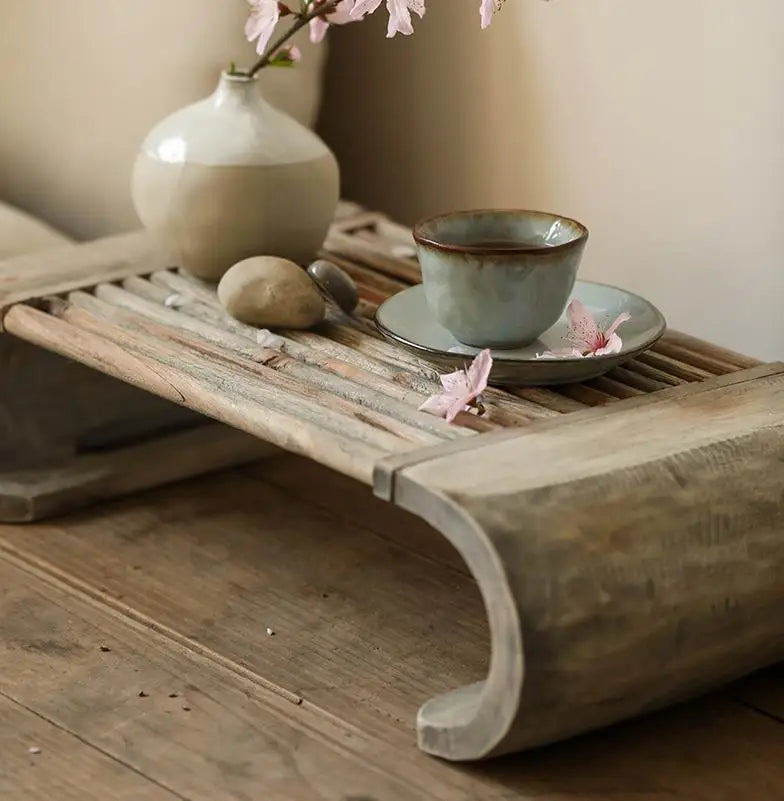 Hand Carved Wood Top Vintage Rectangle Tea Center Coffee Tea Tray Table