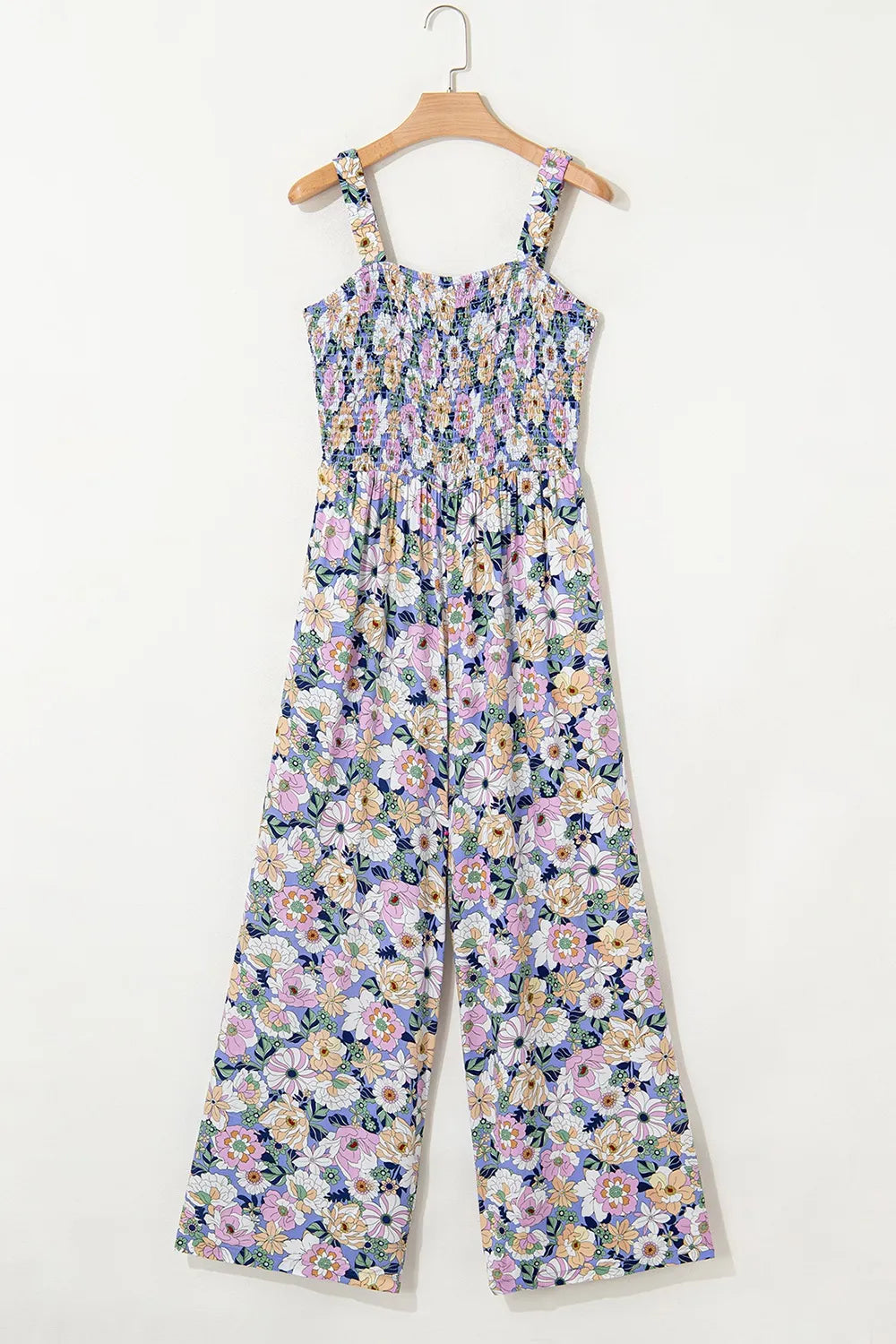 Floral Print Smocked High Waist Square Neck Jumpsuit - -