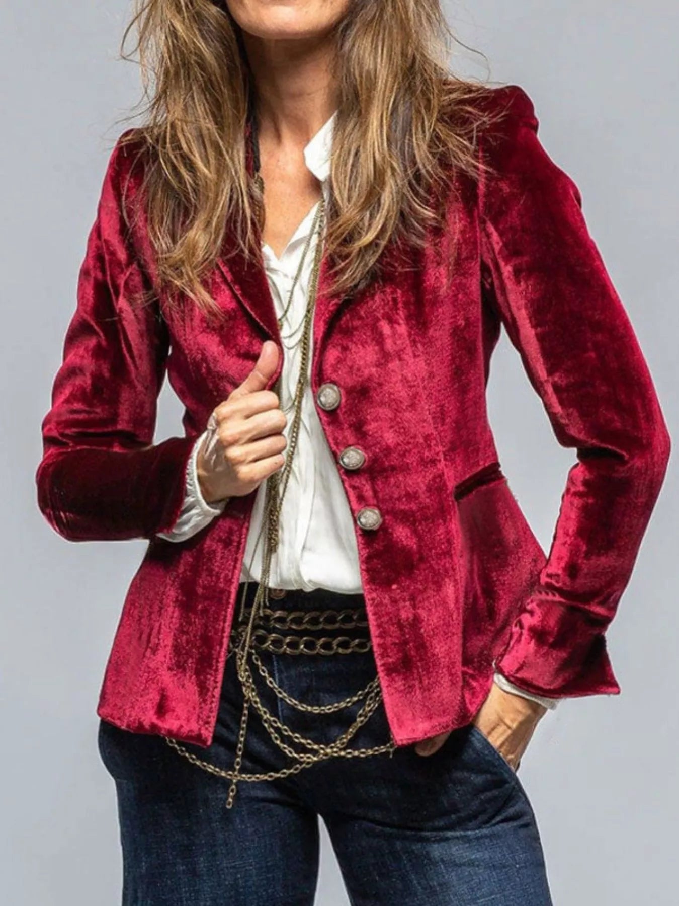 Velvet Lapel Collar Button Up Blazer - Wine Red -