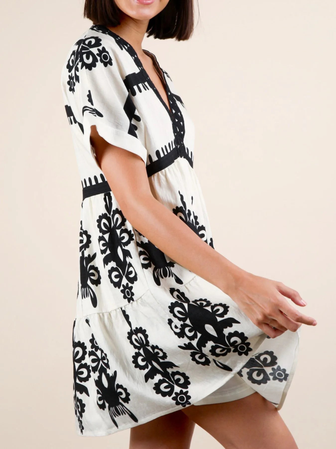 Printed V-Neck Short Sleeve Mini Dress - -