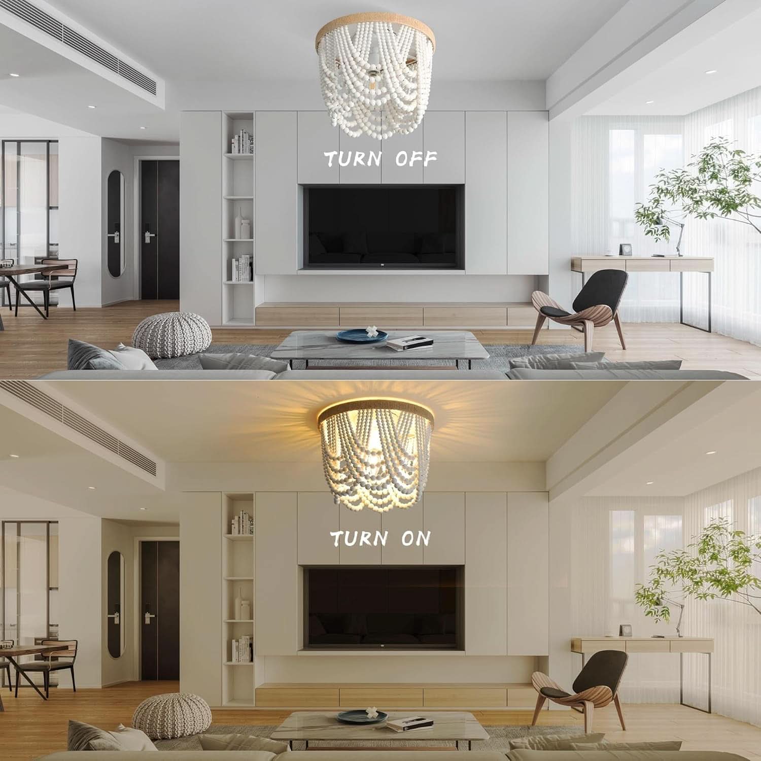 Three Light White Wood Bead Bohemian Chandelier Handmade - -