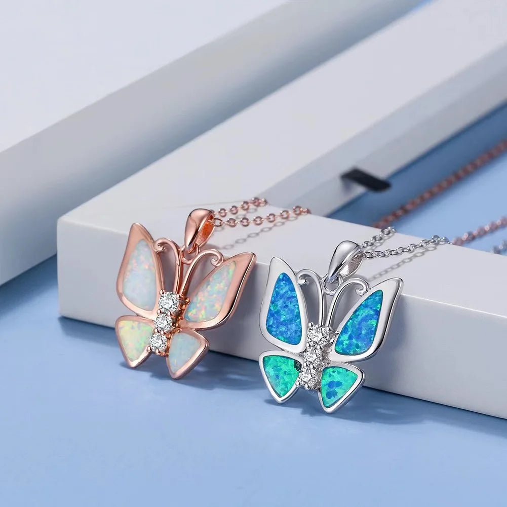 S925 Silver Butterfly Shape Synthetic Opal Pendant