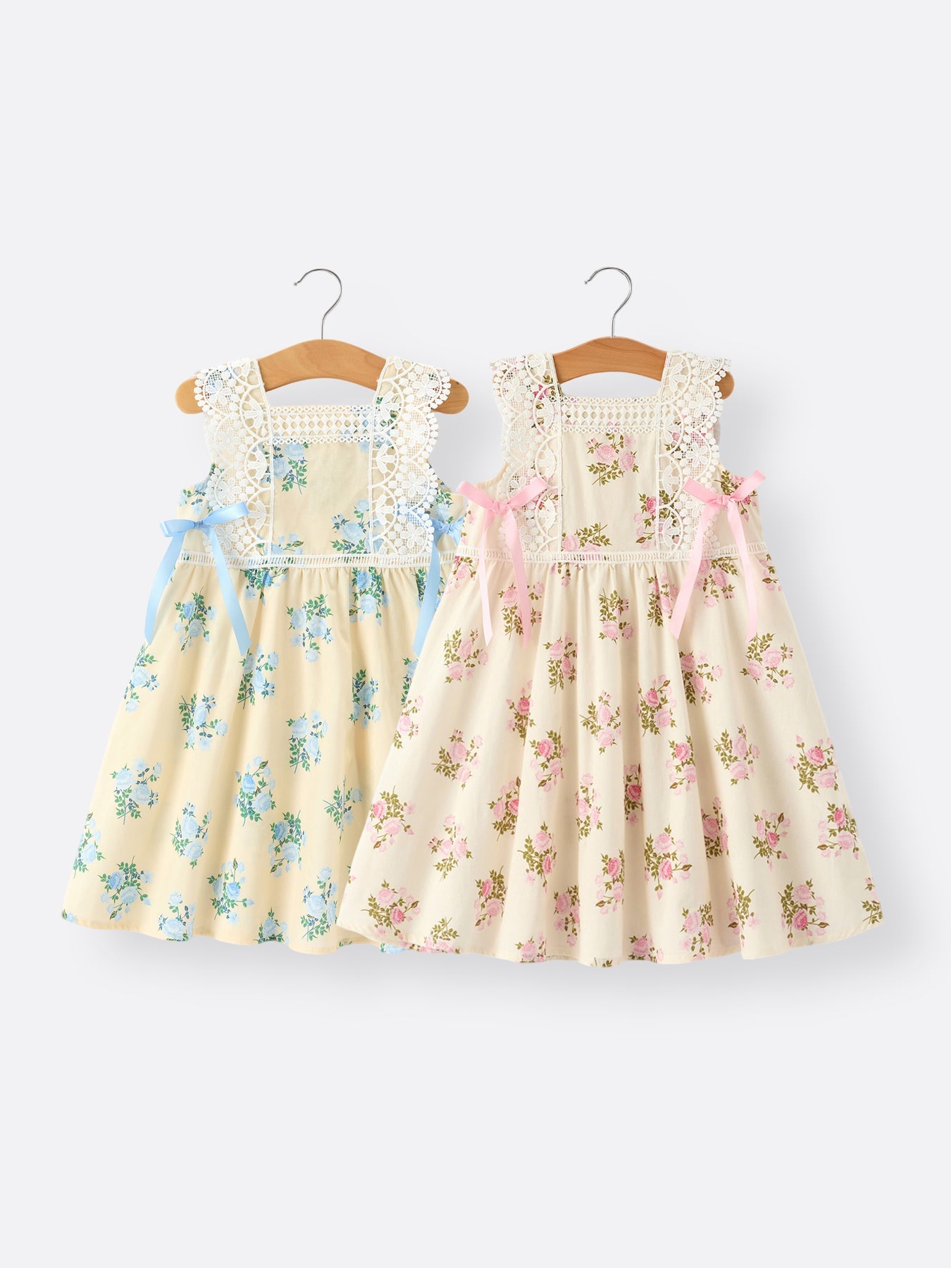 Lace-trimmed Bow Girls' Dress-Pink/Blue - - Dress