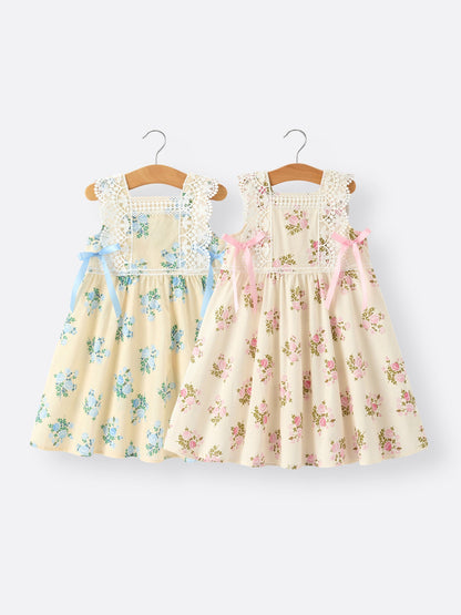 Lace-trimmed Bow Girls' Dress-Pink/Blue - - Dress
