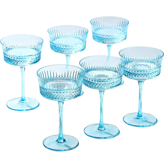 Blue Vintage Coupe Glass | Set of 6 | Large 9.3oz Stemmed Glassware Muted Vintage Glasses for Champagne Cocktail Margarita Wine Glass Gift Idea Pastel Unique Speakeasy Style Goblet