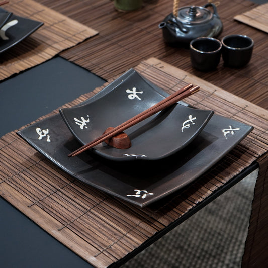 Black with Japanese Character Dinner Set - - Home & Garden