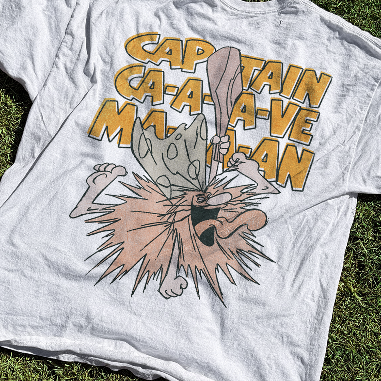 Captain Caveman 'Unga Bunga' Vintage Washed White Tee - - T-Shirt