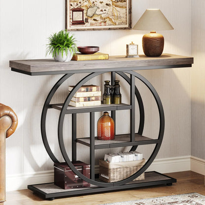 Narrow 4-Tier Entryway Table with Circle Base with Storage Shelves - Kia Day Design