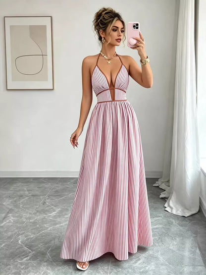 Striped Halter Neck Maxi Dress - Pink -