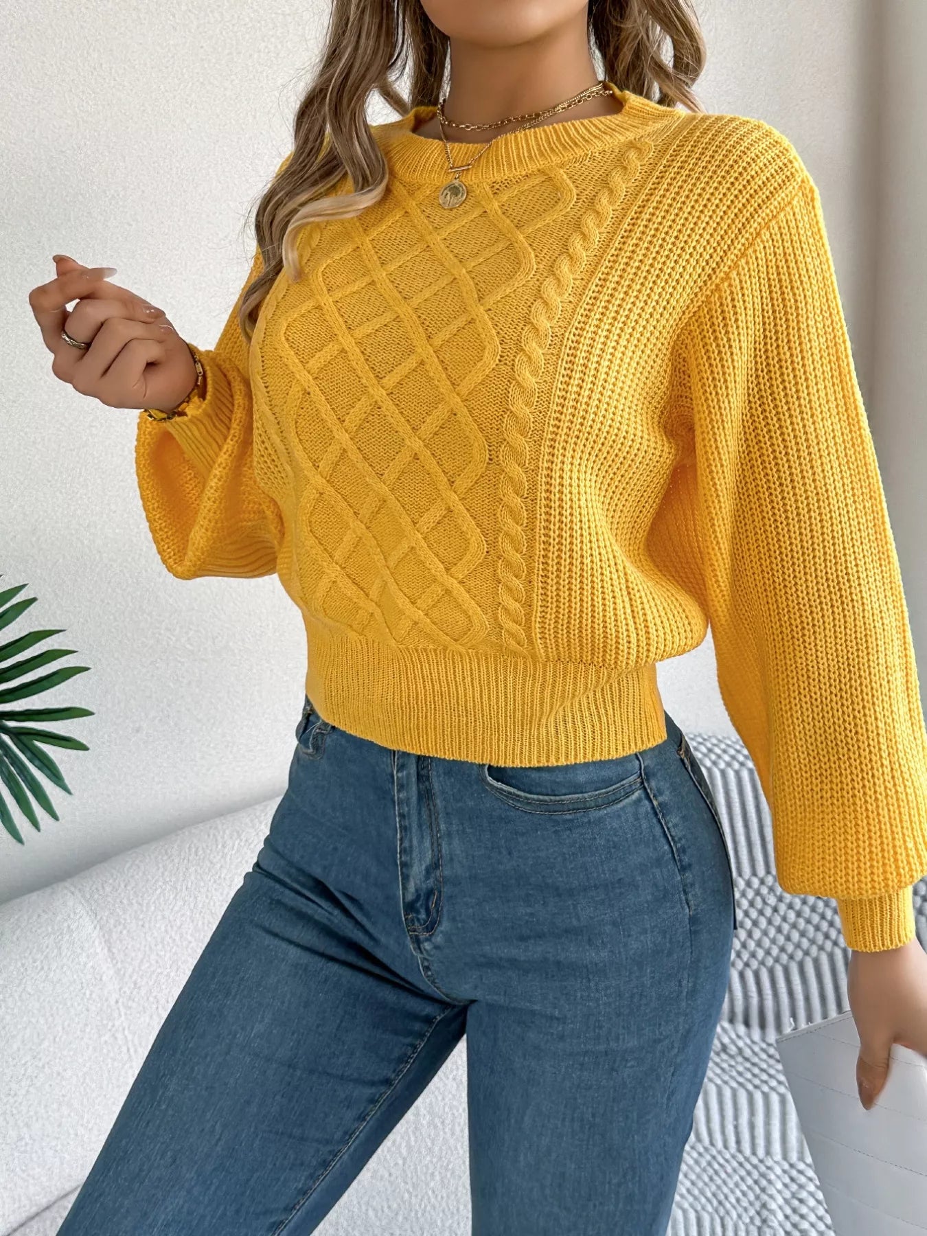 Cable Knit Diamond Pattern Long Sleeve Sweater - -