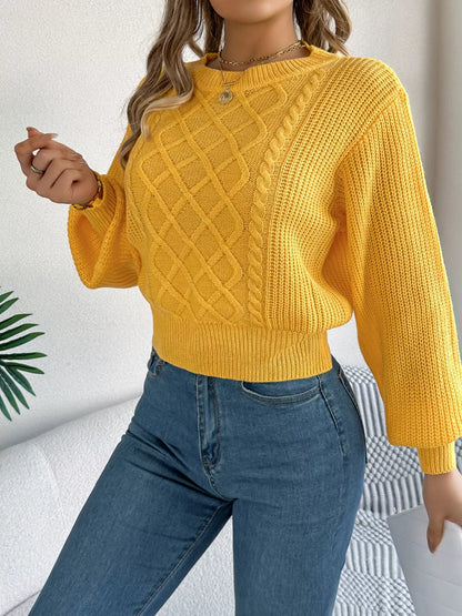 Cable Knit Diamond Pattern Long Sleeve Sweater - -