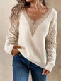 Openwork V-Neck Long Sleeve Sweater - Cream -