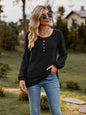 Round Neck Button-Down Long Sleeve Tee - Black -