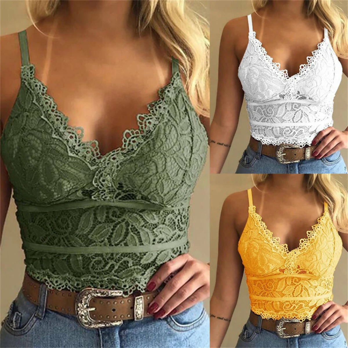 Women's Lace Floral Cami Top Plunge Crop Top Adjustible Straps