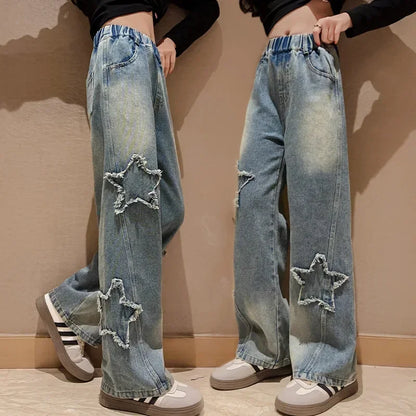 Girls Blue Heart Wide Leg Jeans Blue