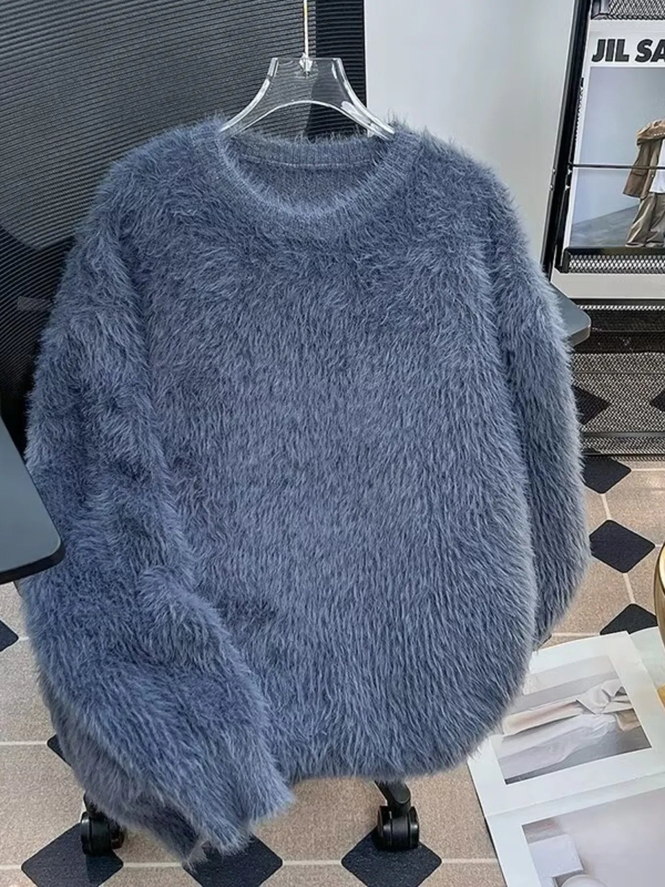 Men's Fluffy Knit Pullover Sweater - Blue -