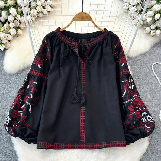 Long Sleeve Round Neck Embroidered Loose Tied Cotton and Hemp Doll Shirt