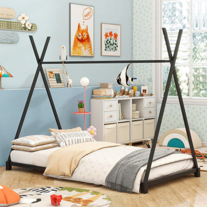 Metal Twin Size House Platform Bed With Triangle Structure - Black - bed frame