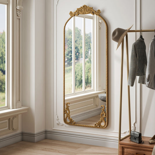 Full Body Arched Mirror With Vintage Carved Applique - - Wall Mirrors