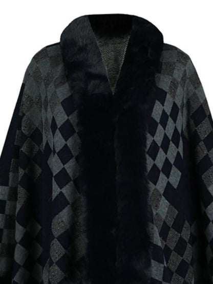 Fuzzy Checkered Long Sleeve Poncho - Dark Navy One Size -