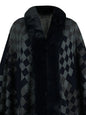 Fuzzy Checkered Long Sleeve Poncho - Dark Navy One Size -