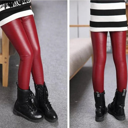 Faux PU Leather Kids Leggings Red