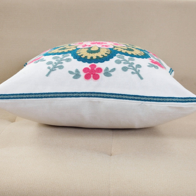 Embroidered Throw Pillow Cover 18x18inch Bird Floral Pillowcase 100% Cotton