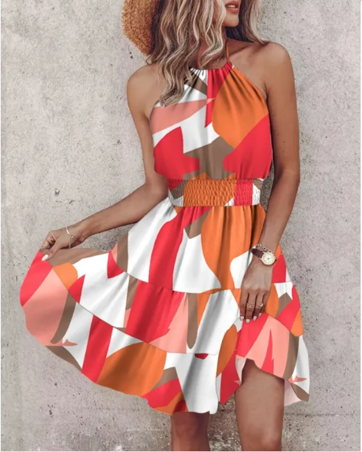 Summer Chic Halter Dress - European & American Print - color 6 XL - dress