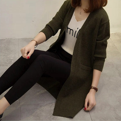 Long Sleeve Tri-Color Knit Sweater Mosaic Stripe Open Front Cardigan Dark Green