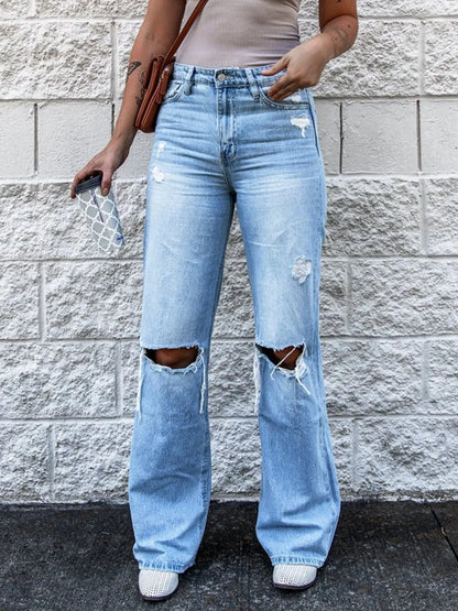 High Waist Distressed Jeans - Light Blue -