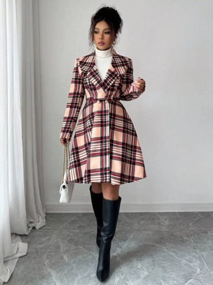 Plaid Button Up Long Sleeve Coat - -