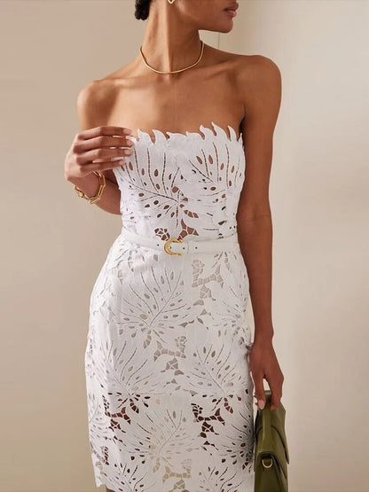 White Midi Dress Flower Cut-Out Elegant Party Dress - - dress
