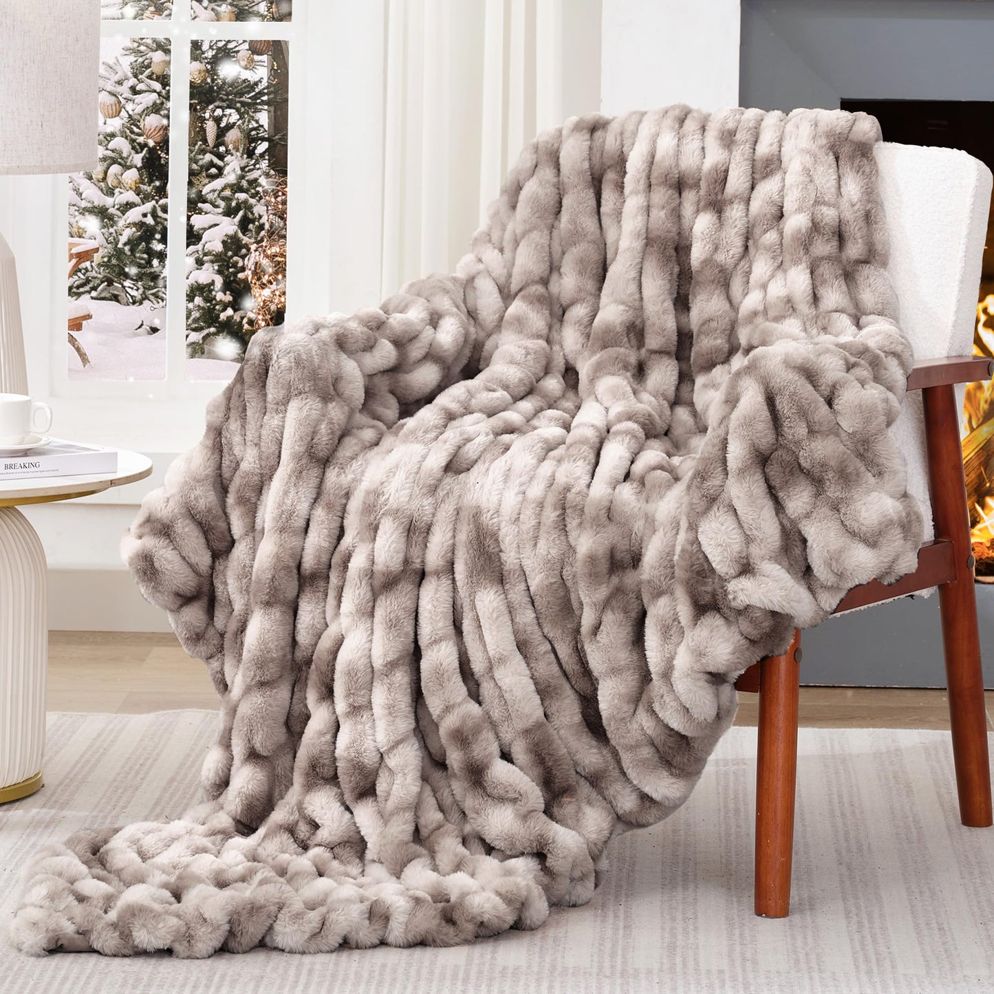 Touchat Ruched Faux Rabbit Fur Throw Blanket Tie-dye Coffee - Tie-dye Coffee Throw (50" x 60") - blanket