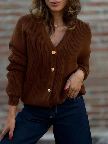 Full Size V-Neck Button-Up Knit Cardigan Plus Size - Dark Brown -