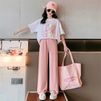 Bear White T-Shirt and Straight Pants Pink