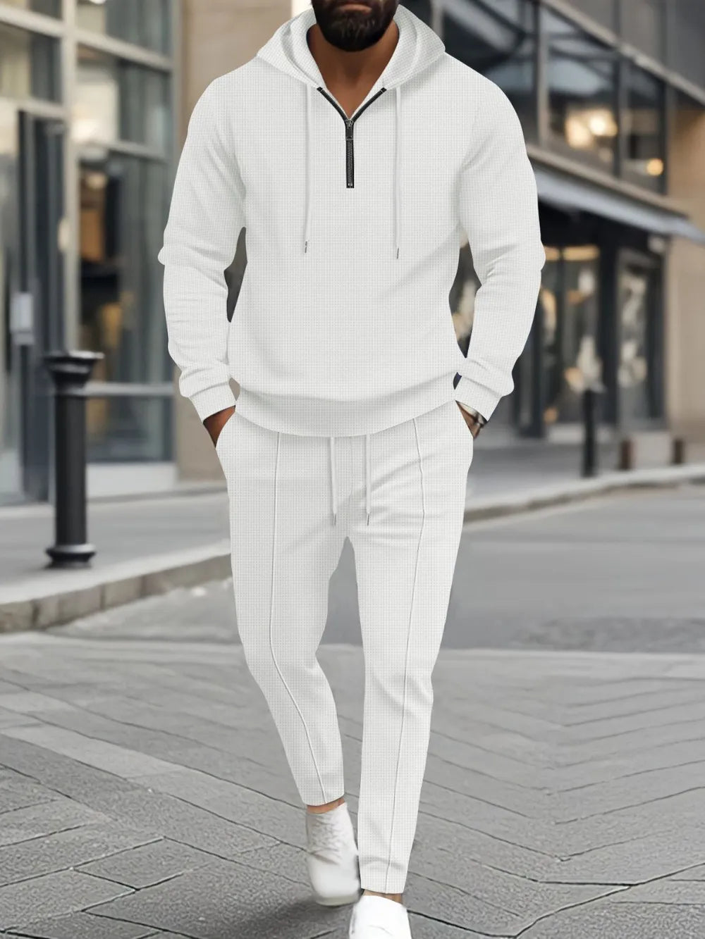 Men's Full Size Waffle-Knit Half Zipper Hoodie and Pants Set Plus Size - White -