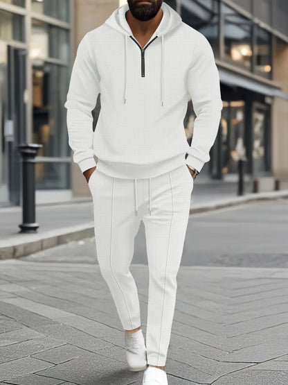 Men's Full Size Waffle-Knit Half Zipper Hoodie and Pants Set Plus Size - White -